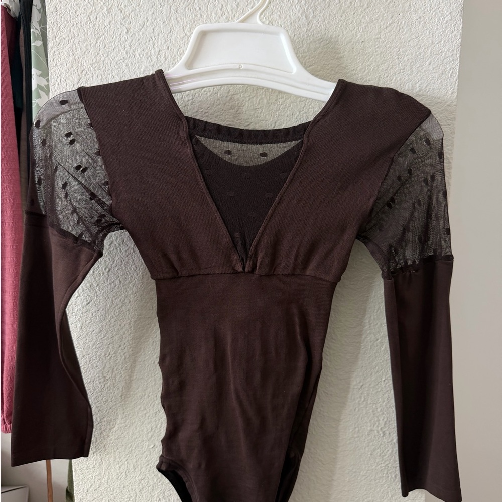 Elegant Brown Sheer Sleeve Women's Bodysuit